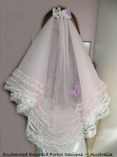 Pink & White Butterfly Wedding Veil